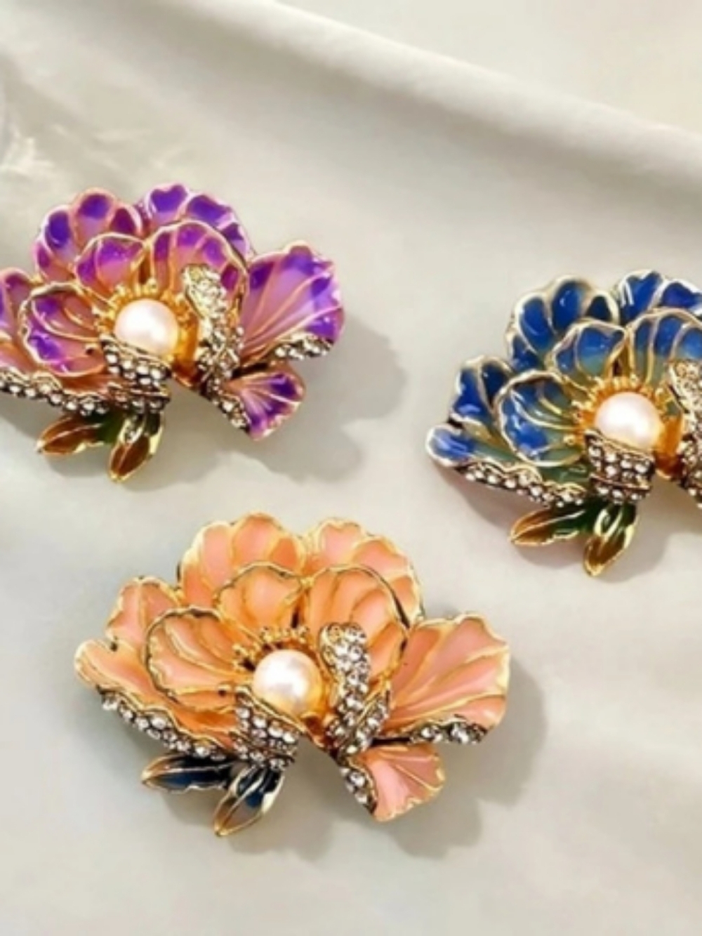 Floral Enamel Brooch Set in Purple, Blue & Pink